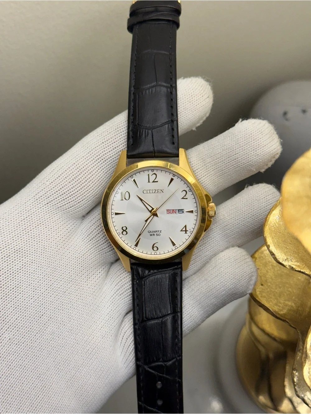 Citizen Classic Gold Case White Dial Watch with Black Leather Strap daydate mens